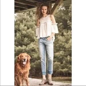 Meadow Rue Linen‎ Blouse Women's Size Medium White Ruffle Cold Shoulder Anthro